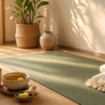A calm home yoga corner with warm morning light, tea and simple props representing agni