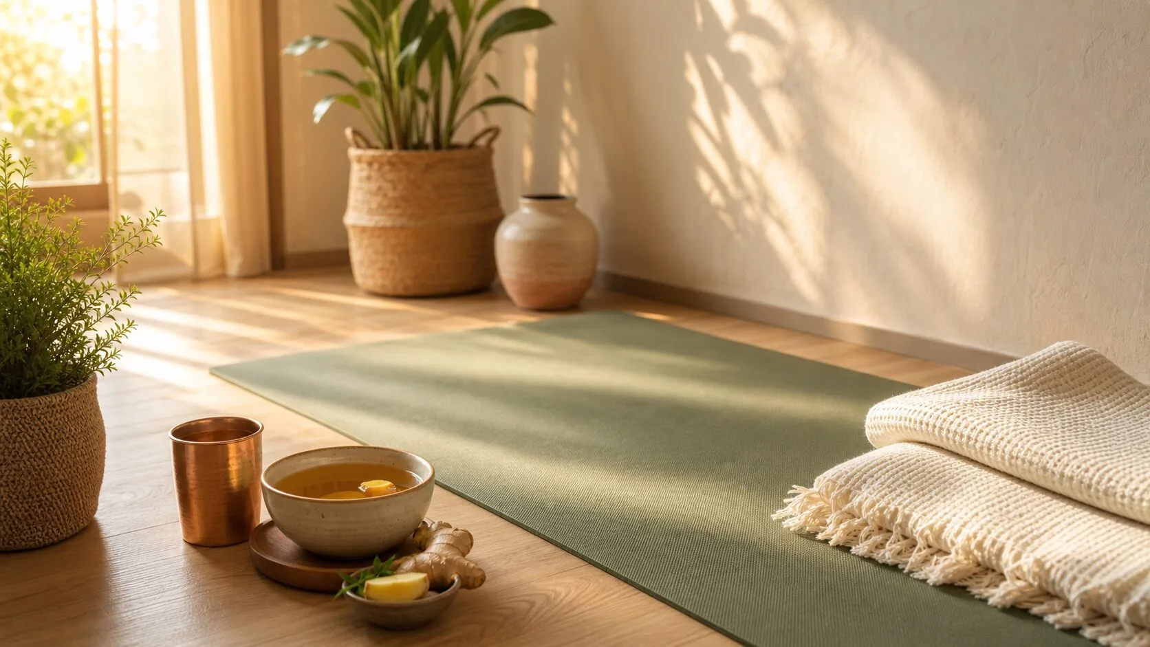 A calm home yoga corner with warm morning light, tea and simple props representing agni