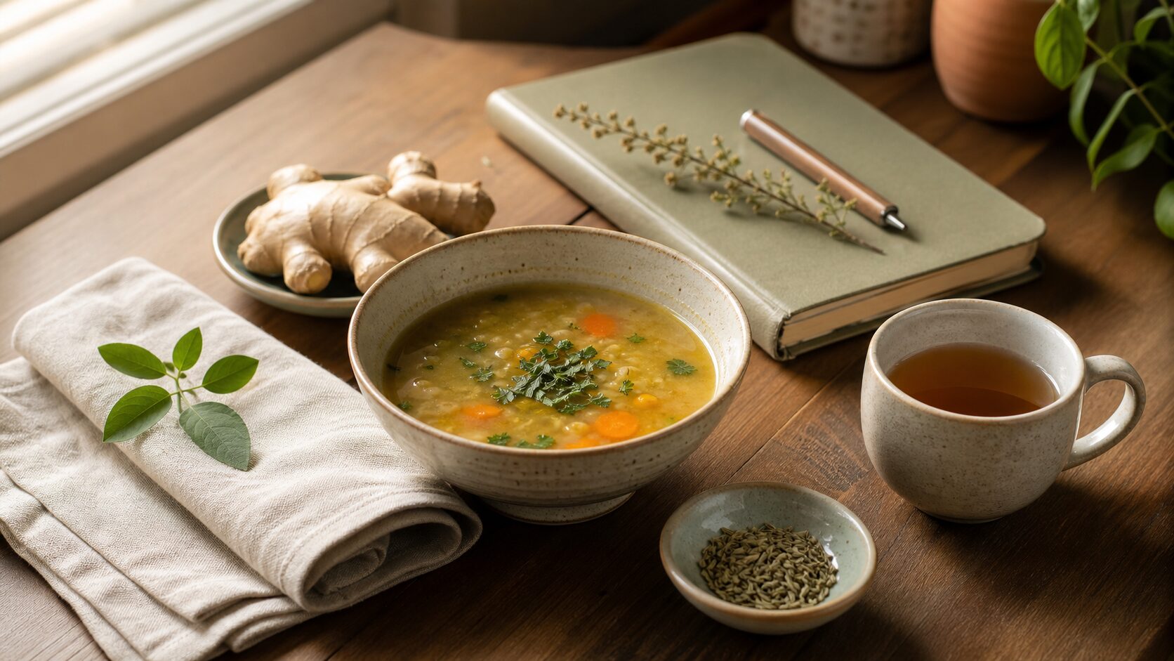 Warm soup, ginger, fennel seeds and tea arranged as a calm Ayurveda-inspired still life