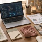Calm creative workspace with laptop, art tools, yarn, yoga study materials and finance papers