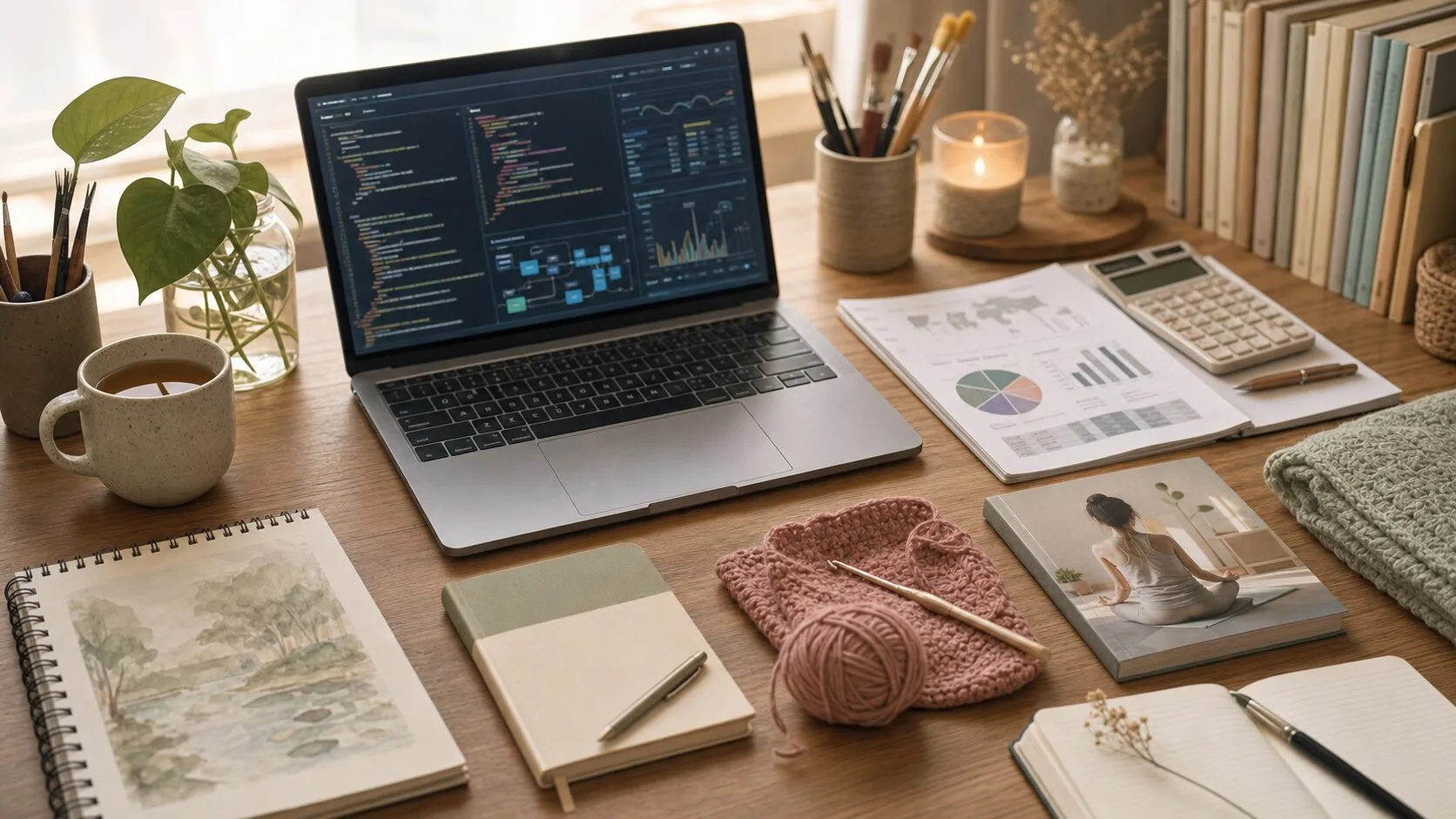 Calm creative workspace with laptop, art tools, yarn, yoga study materials and finance papers