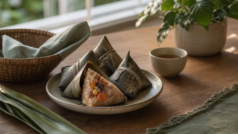 Traditional bak chang rice dumplings wrapped in bamboo leaves on a warm home table