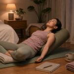 A peaceful evening yoga practice in a soft home setting for better sleep