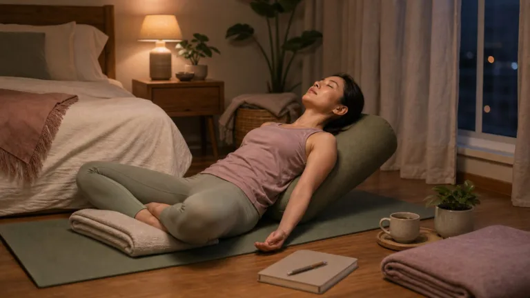 A peaceful evening yoga practice in a soft home setting for better sleep
