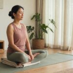 Woman seated comfortably on a folded blanket while quietly observing her natural breath