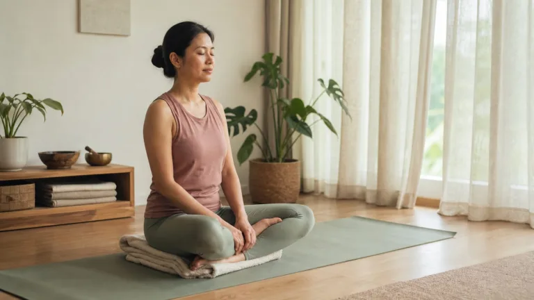 Woman seated comfortably on a folded blanket while quietly observing her natural breath