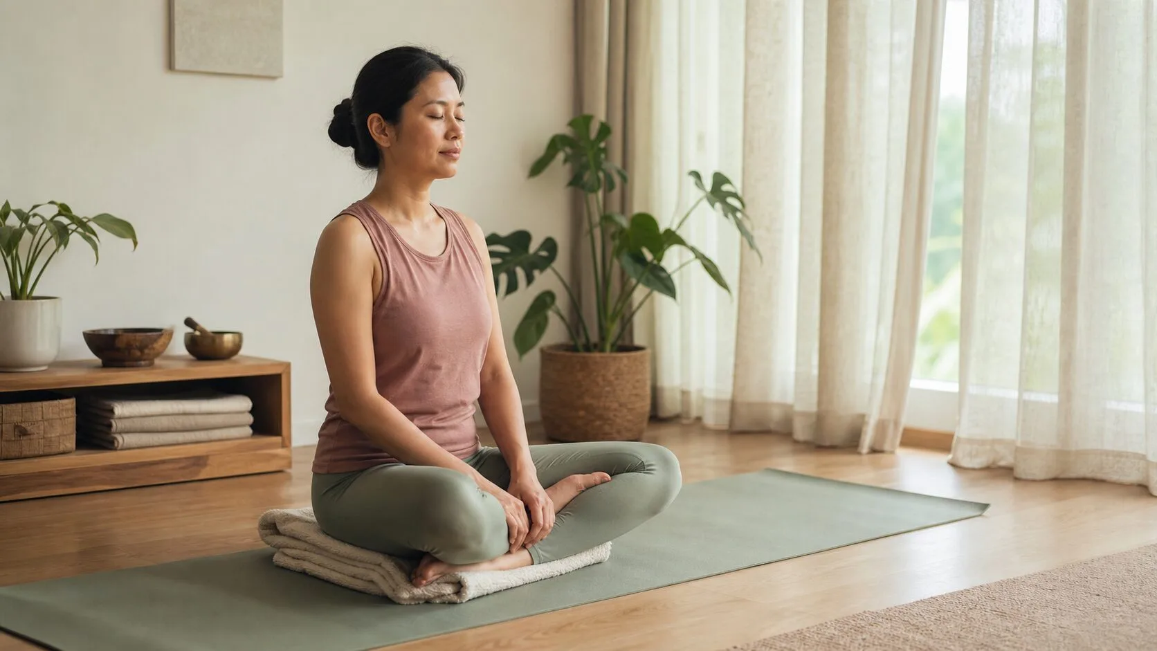 Woman seated comfortably on a folded blanket while quietly observing her natural breath