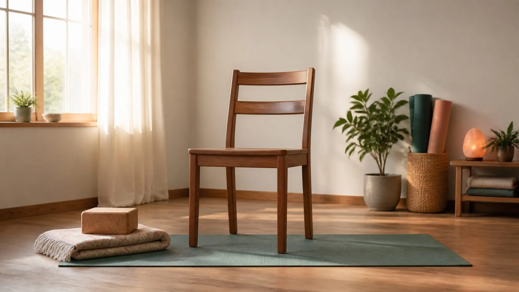 A calm chair yoga setup with a sturdy chair, soft natural light, and a peaceful home practice space
