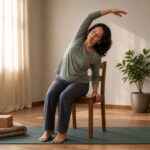 Person practising a gentle seated side bend on a stable chair with feet grounded