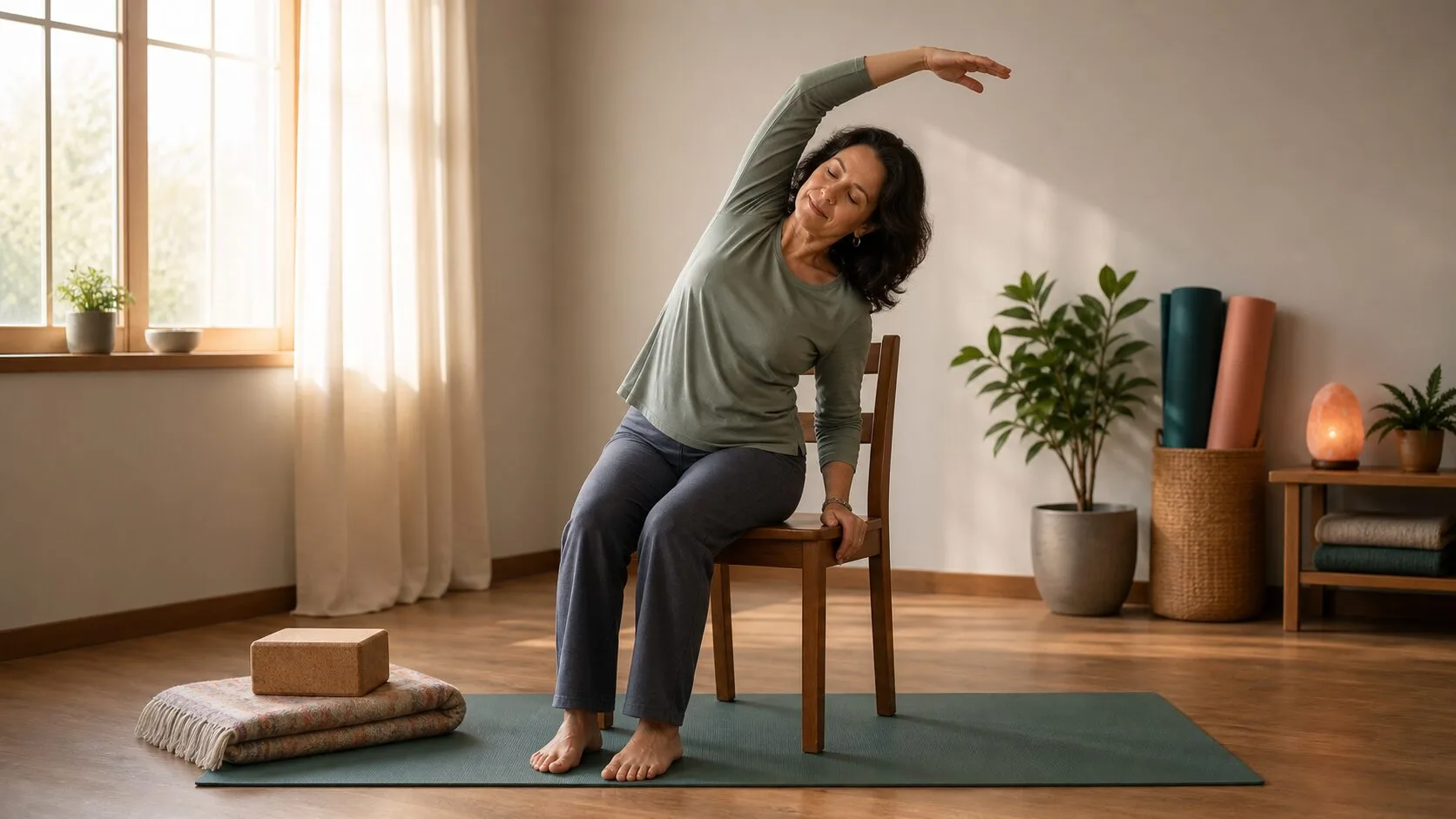 Person practising a gentle seated side bend on a stable chair with feet grounded