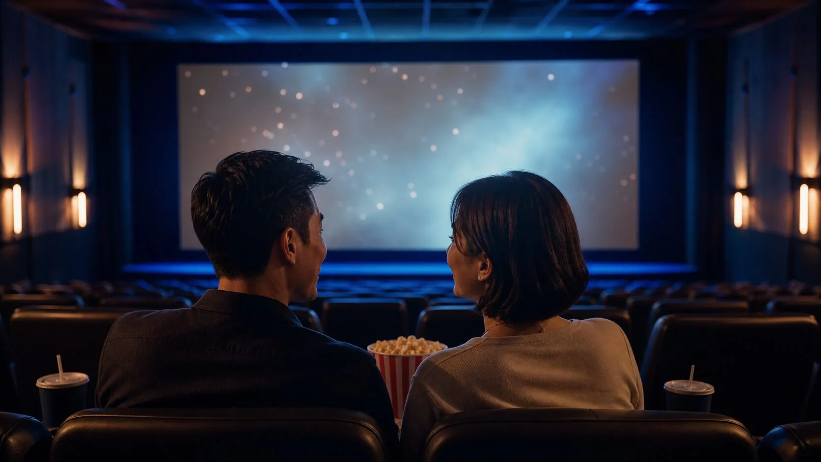 A married couple enjoying a cozy science-fiction movie date in a softly lit cinema