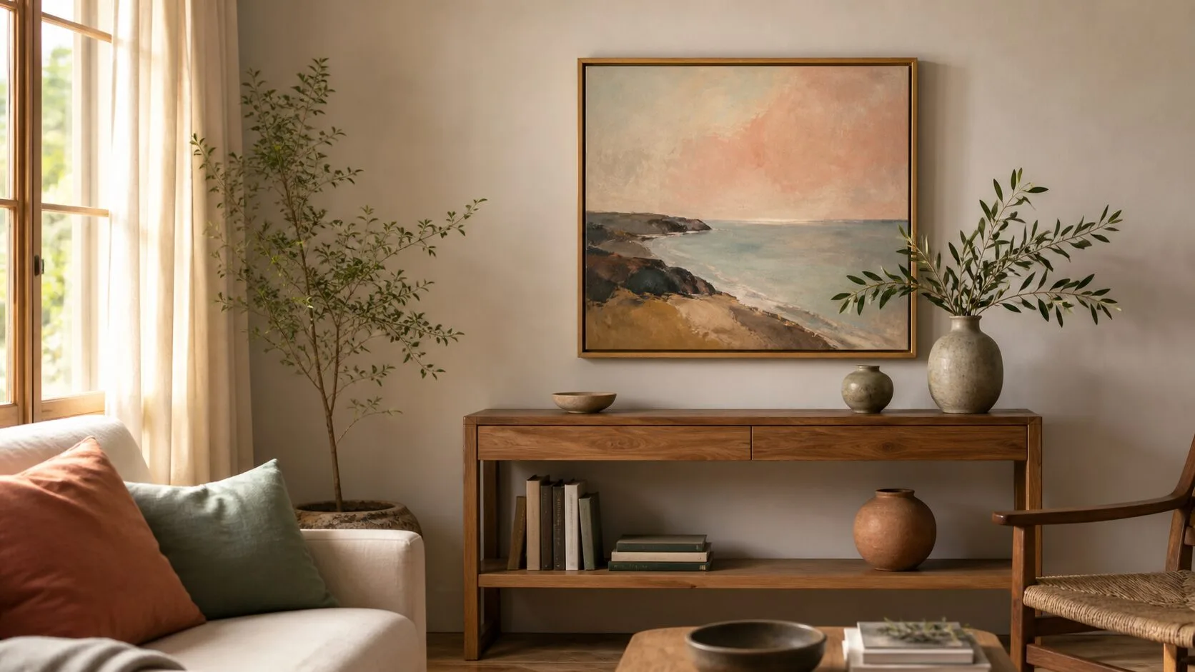 Original artwork thoughtfully placed in a calm home interior with warm natural light