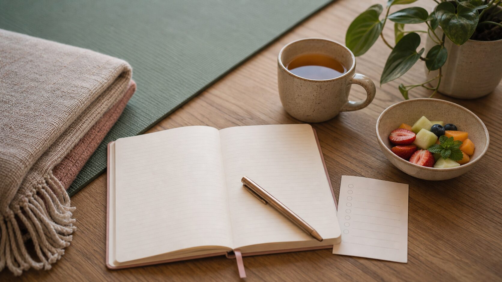Journal, tea, fruit and yoga blanket arranged for a gentle daily rhythm