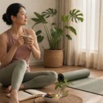Woman sitting calmly beside a yoga mat with tea, journal and fruit in a peaceful morning routine