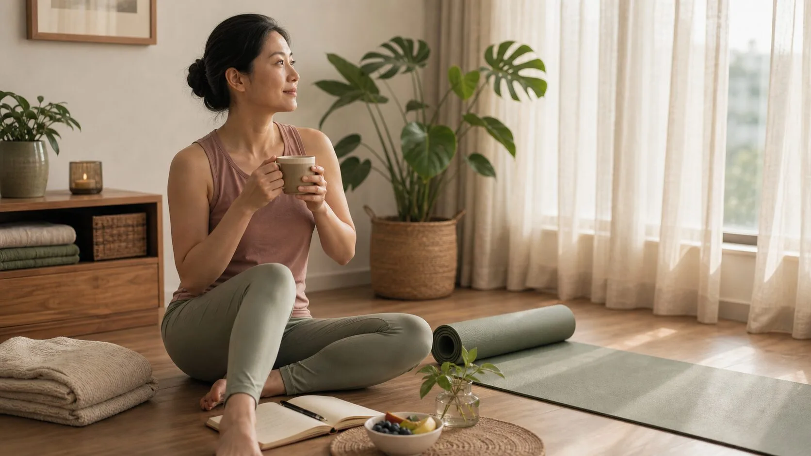 Woman sitting calmly beside a yoga mat with tea, journal and fruit in a peaceful morning routine
