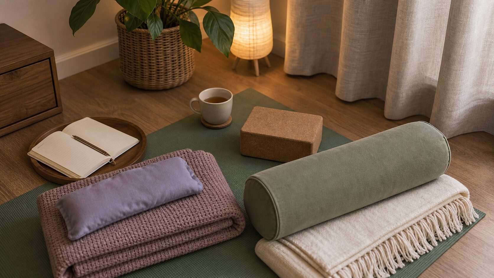 Evening yoga props arranged for a gentle sleep-supporting practice
