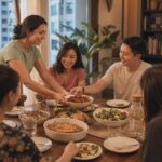 Neighbours and close friends sharing home-cooked food at a warm apartment block party