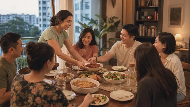 Neighbours and close friends sharing home-cooked food at a warm apartment block party