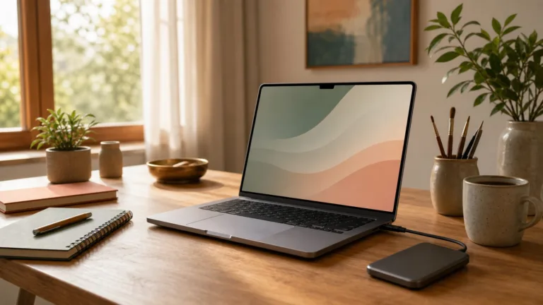 Calm creative workspace with a new laptop ready for AI work