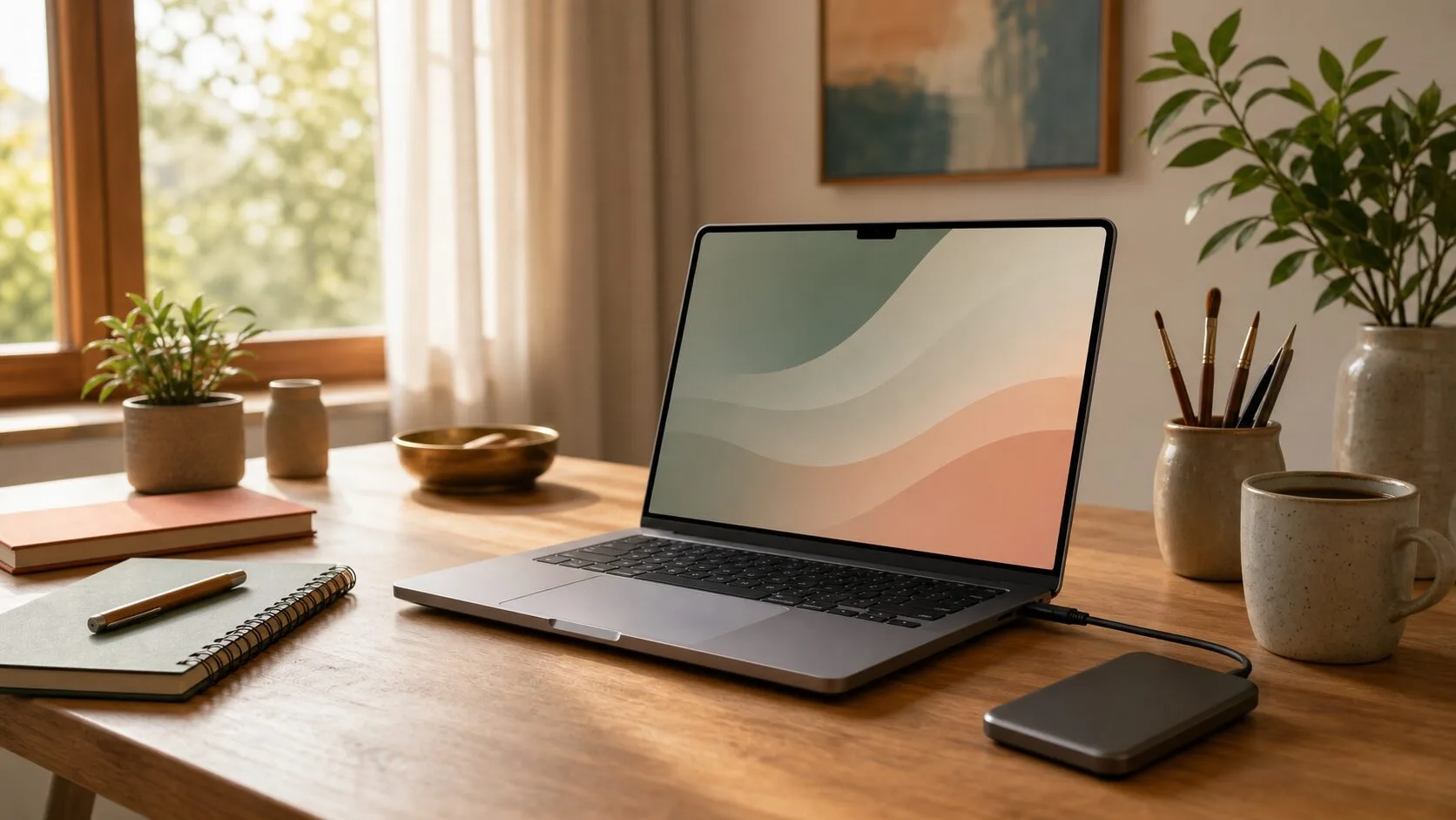 Calm creative workspace with a new laptop ready for AI work