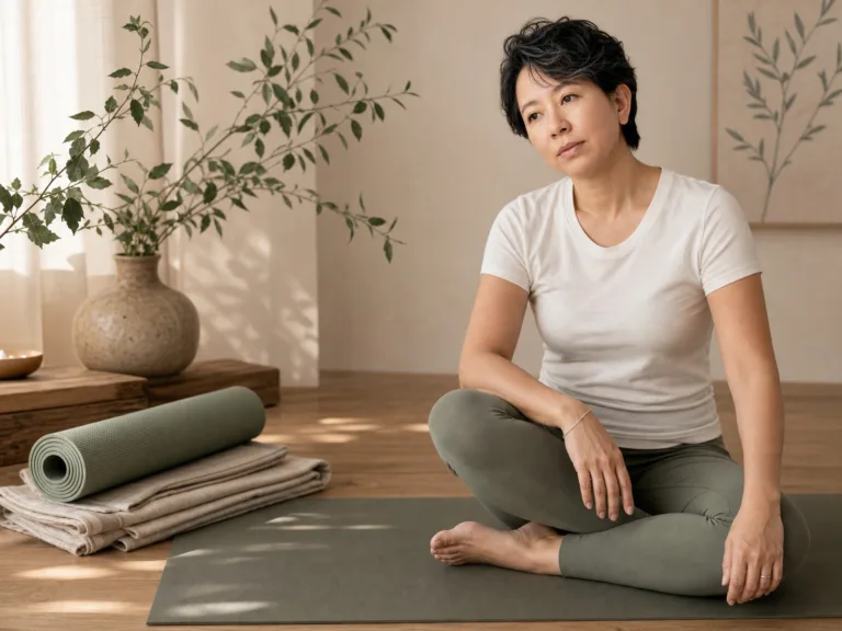 Danielle Art Original Acrylic and Oil Paintings Woman sitting cross-legged on a yoga mat in a calming room.