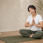 Danielle Art Original Acrylic and Oil Paintings Woman meditating in a yoga pose on a mat in a serene room.