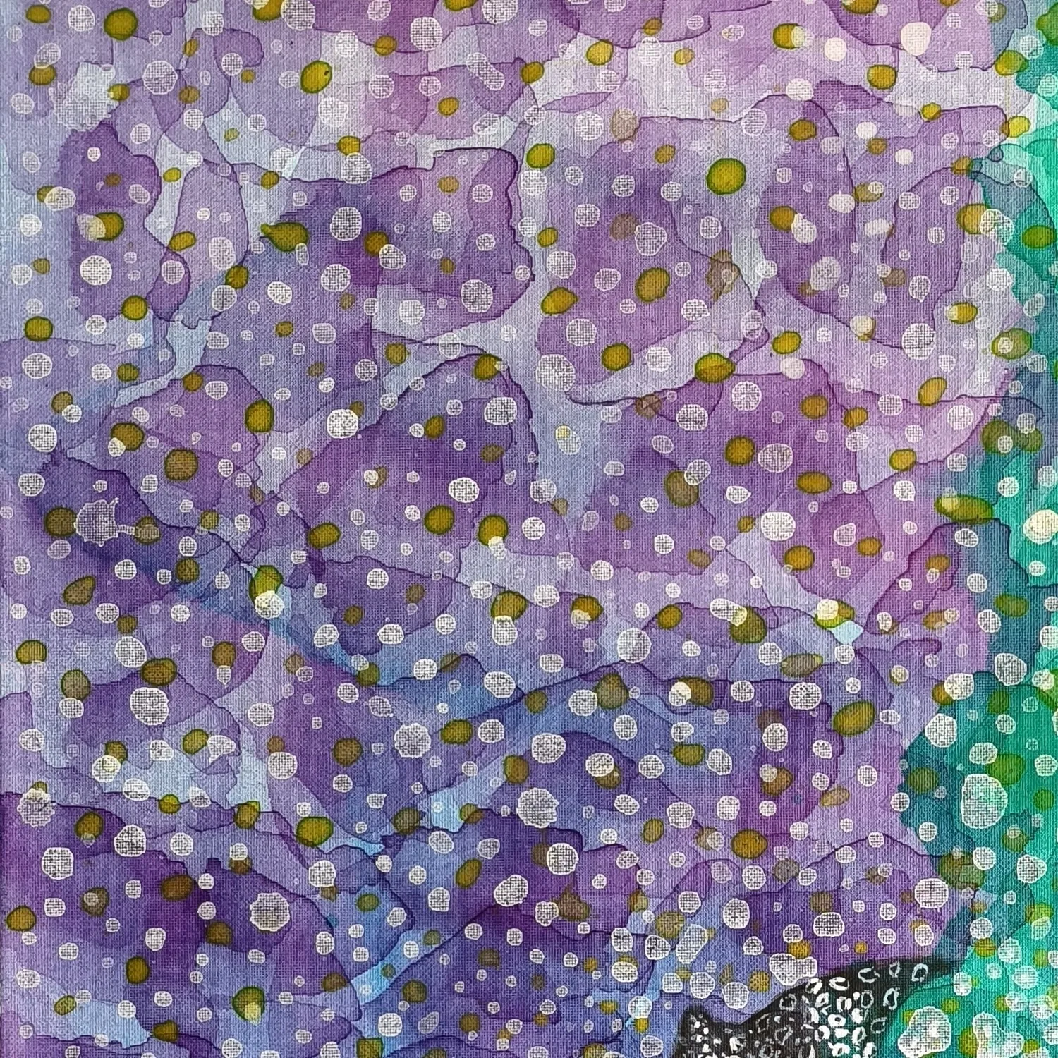 Danielle Art Original Acrylic and Oil Paintings Abstract purple and green painting with white and yellow dots, View from Above – Drifting Constellations