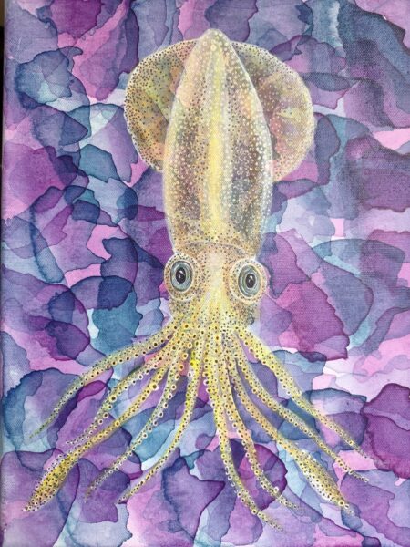 Golden luminous squid drifting through layered purple, pink and blue water in Drifting Luminescence 1 by Danielle Siauw