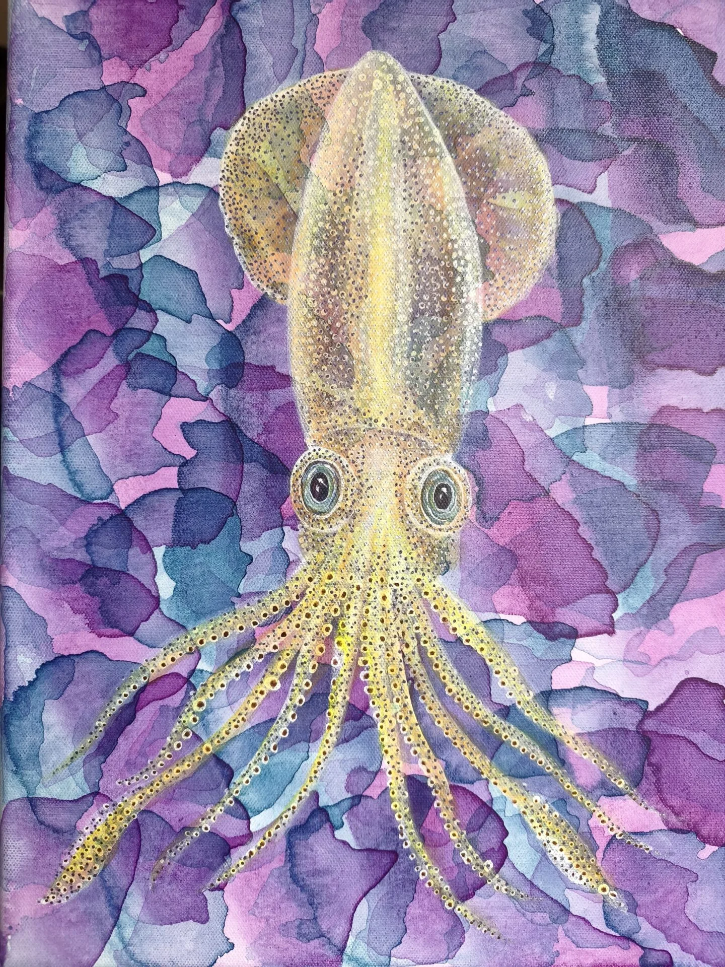 Golden luminous squid drifting through layered purple, pink and blue water in Drifting Luminescence 1 by Danielle Siauw