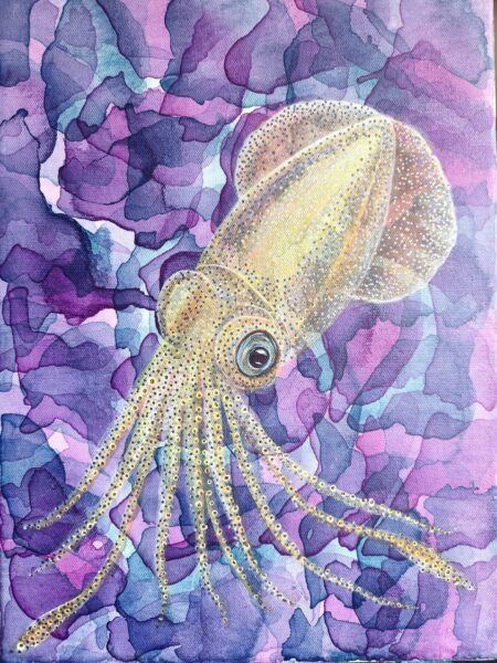 Golden squid gliding through layered purple, pink and blue water in Drifting Luminescence 2 by Danielle Siauw