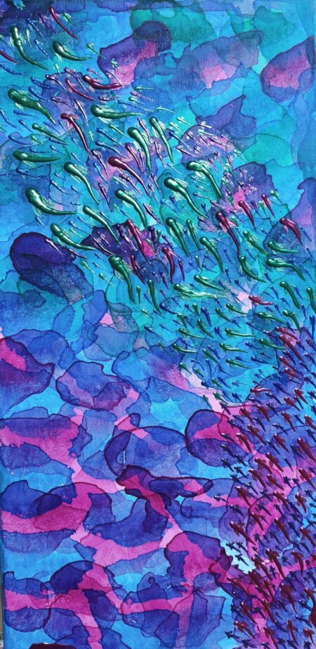 A flowing school of colourful fish crossing layered blue, turquoise and purple water in In the Flow 1 by Danielle Siauw