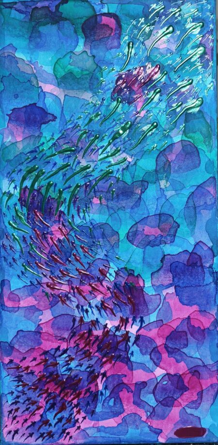 Tiny colourful fish gathering and scattering through blue, turquoise, violet and pink water in In the Flow 2 by Danielle Siauw