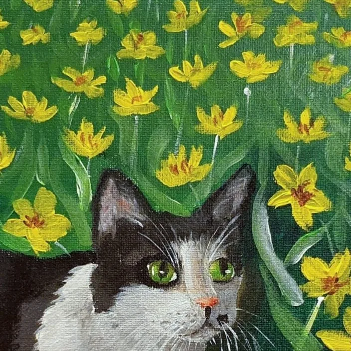 Original Acrylic Painting - Oreo Smelling Flowers 2 — closeup 3