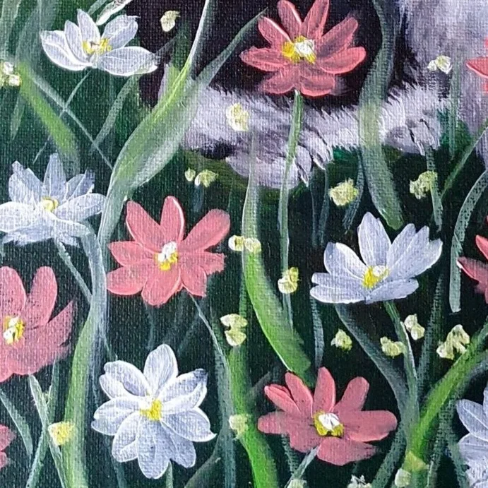 Original Acrylic Painting - Oreo Smelling Flowers 1 — closeup 1