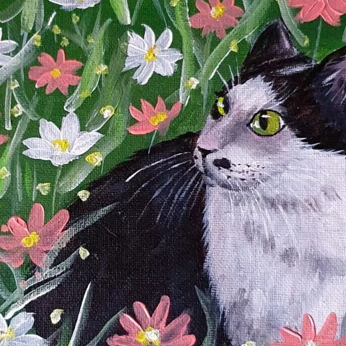 Original Acrylic Painting - Oreo Smelling Flowers 1 — closeup 2