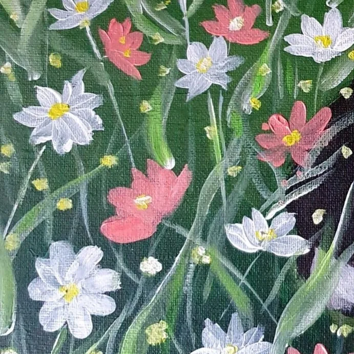 Original Acrylic Painting - Oreo Smelling Flowers 1 — closeup 3