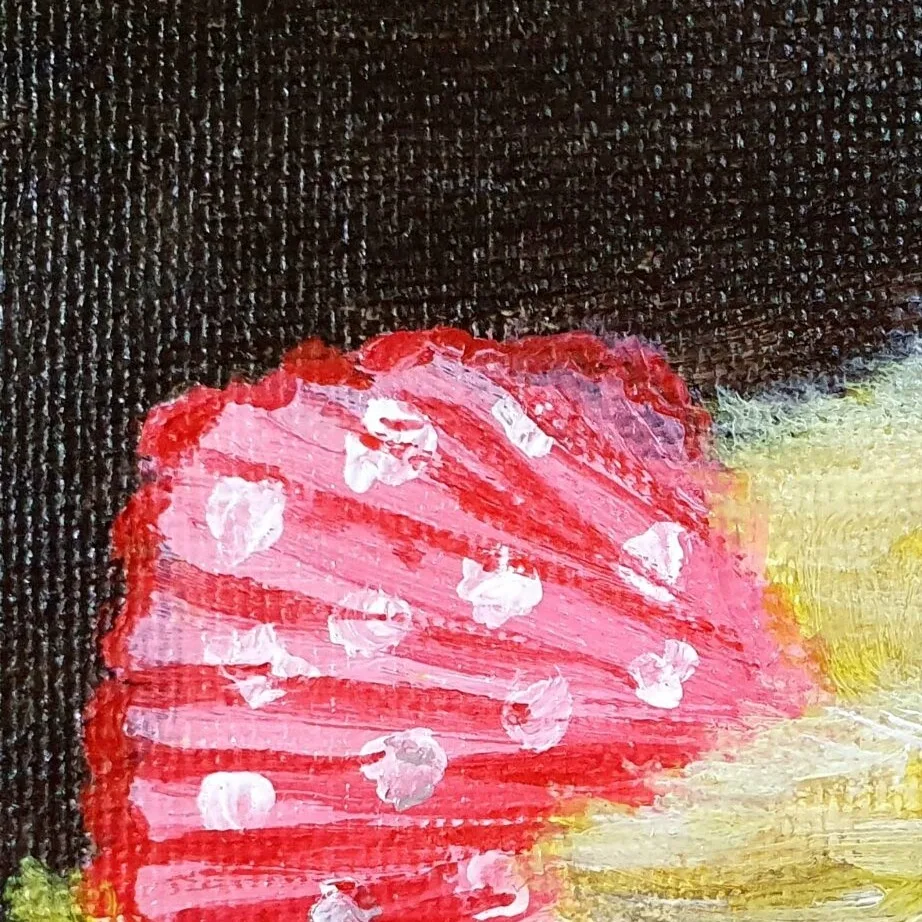Original Acrylic Painting - Topless Chick in Red Mini Skirt — closeup 2