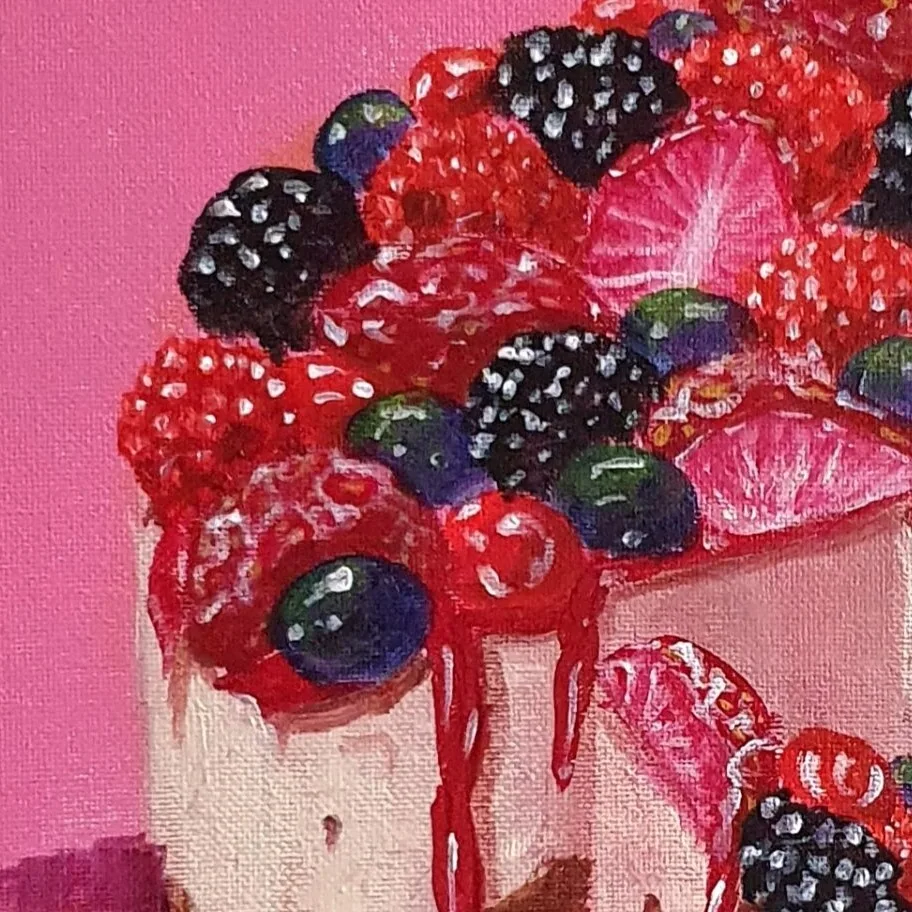 Original Acrylic Painting - Berries Cheesecake — closeup 2
