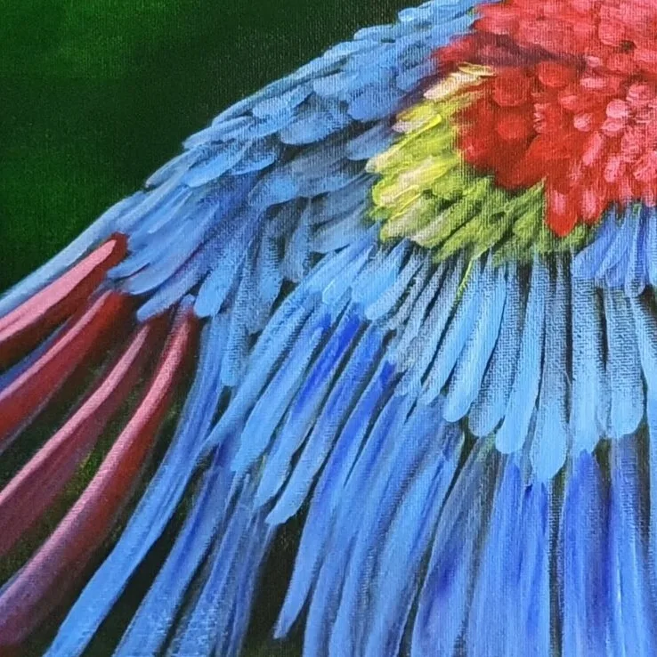 Original Acrylic Painting - Macaw takes Flight — closeup 1
