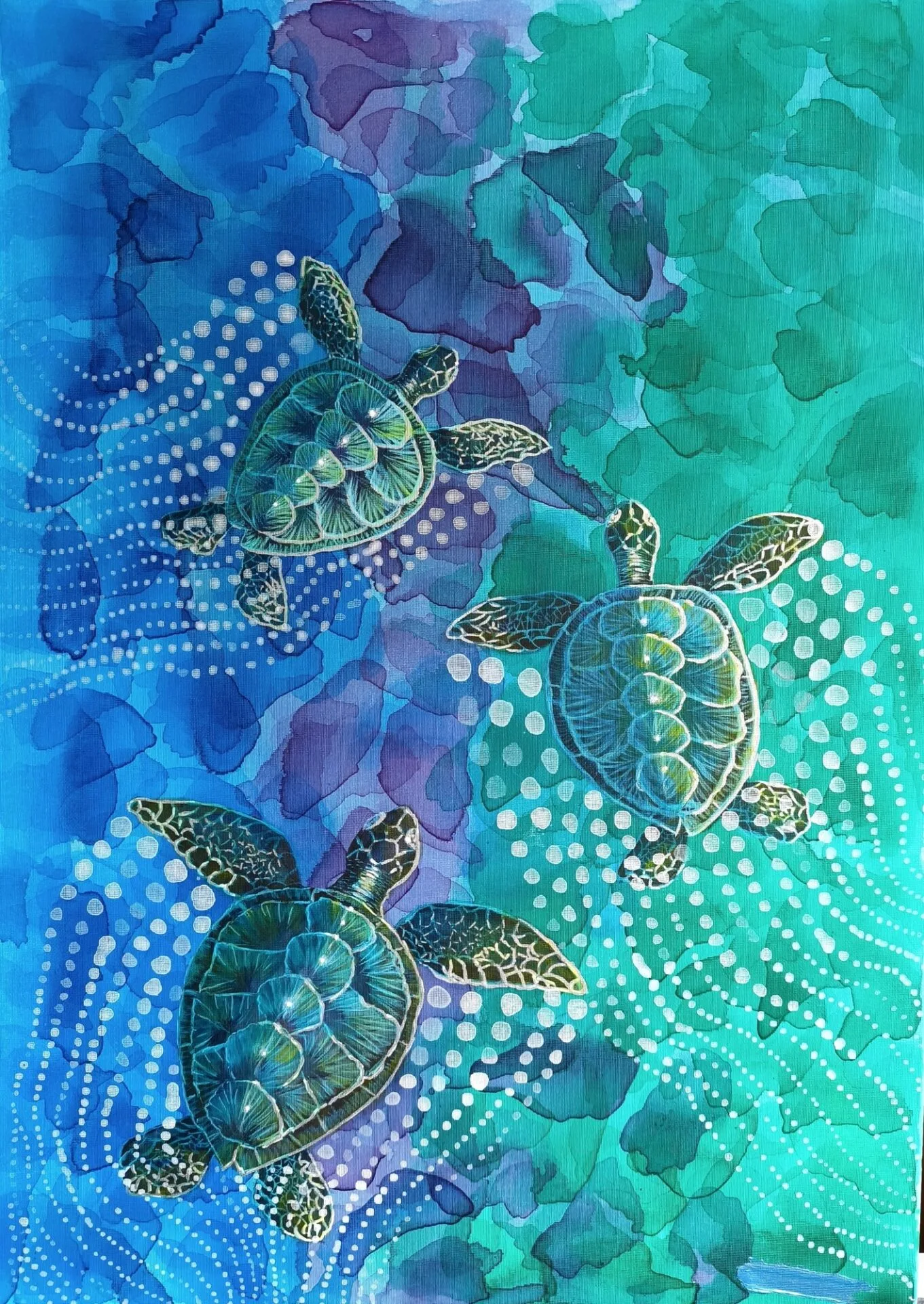 Three sea turtles swimming through blue, turquoise and purple water in Wandering Tides by Danielle Siauw