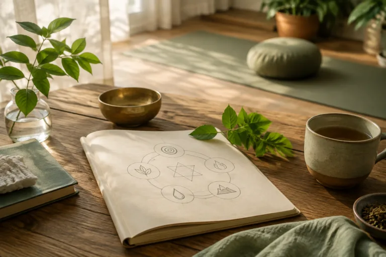 Ayurveda study table with an open notebook showing simple elemental symbols, leaves, tea and a yoga mat in soft daylight