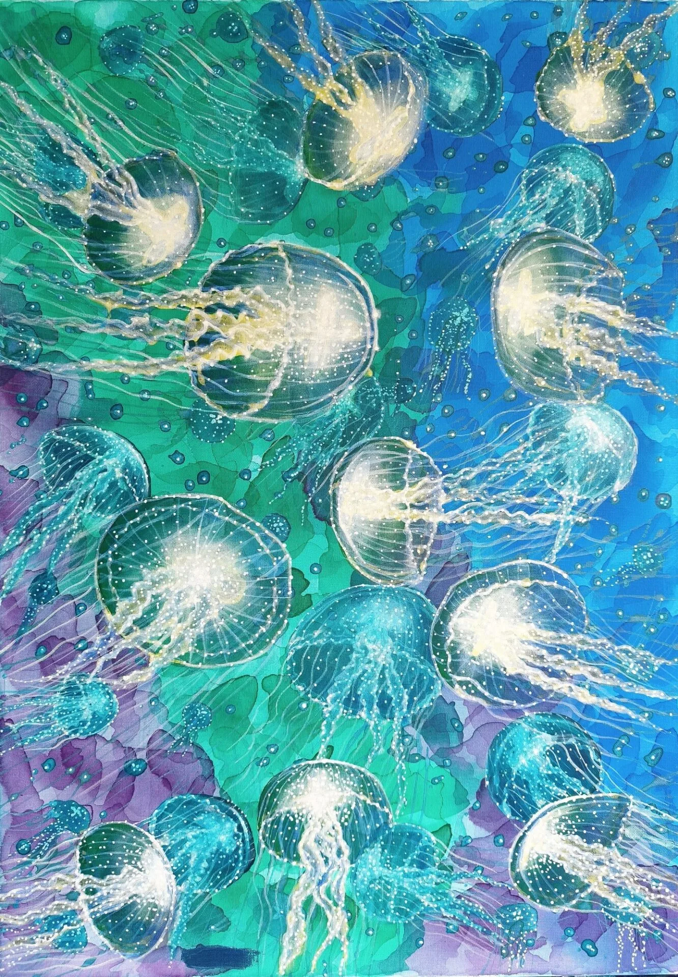 Iridescent jellyfish drifting through blue, turquoise, green and purple water in Where the Current Takes Us by Danielle Siauw